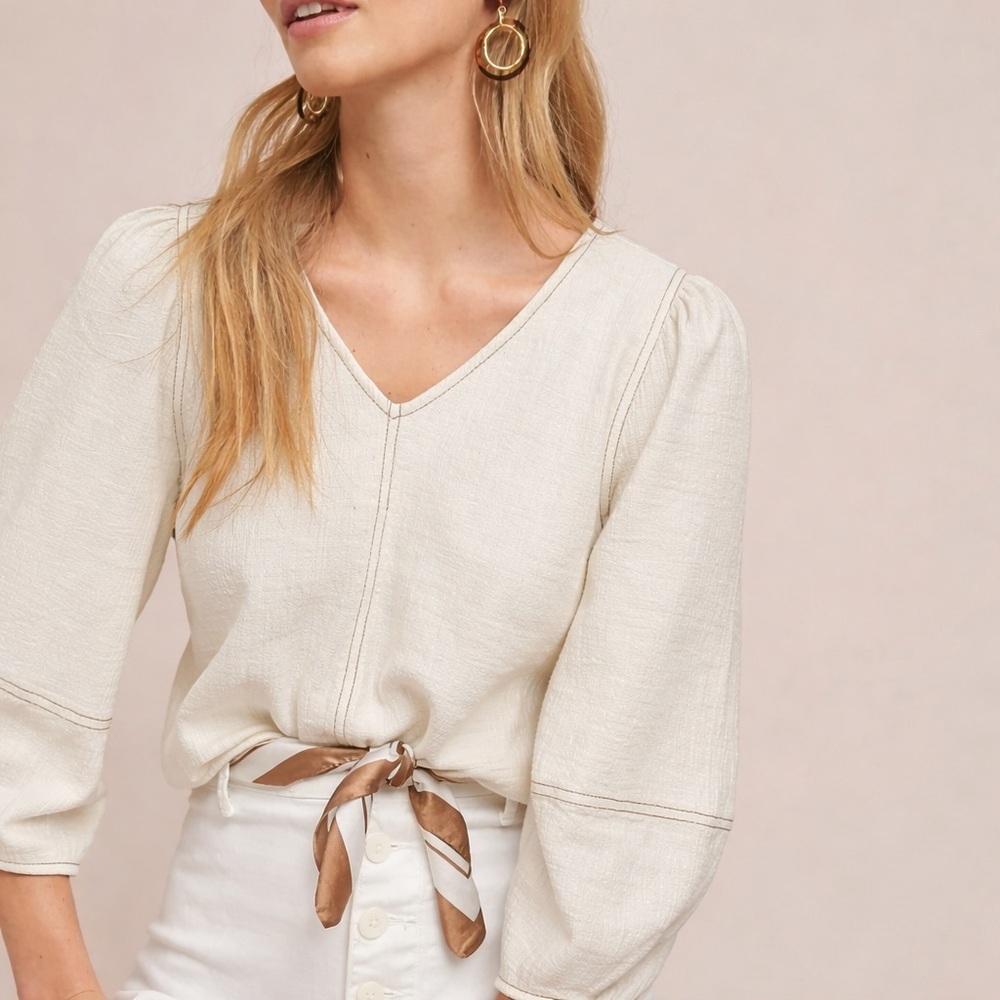 Anthropologie Current Air Ivory V-Neck Blouse XS Puff Sleeve